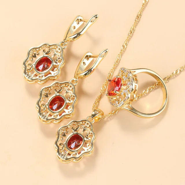 Dubai Gold Colors Wedding Accessories AAA+ Red Garnet Bridal Jewelry Sets For Women Charm Bracelet And Ring Sets 4