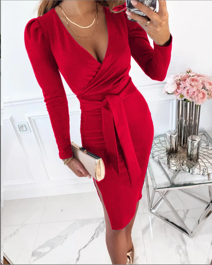 

Solid Color Elegant Office Lady Dresses For Women Autumn Winter Long Sleeve Midi Dress Sexy V-neck Bodycon Evening Party Dresss