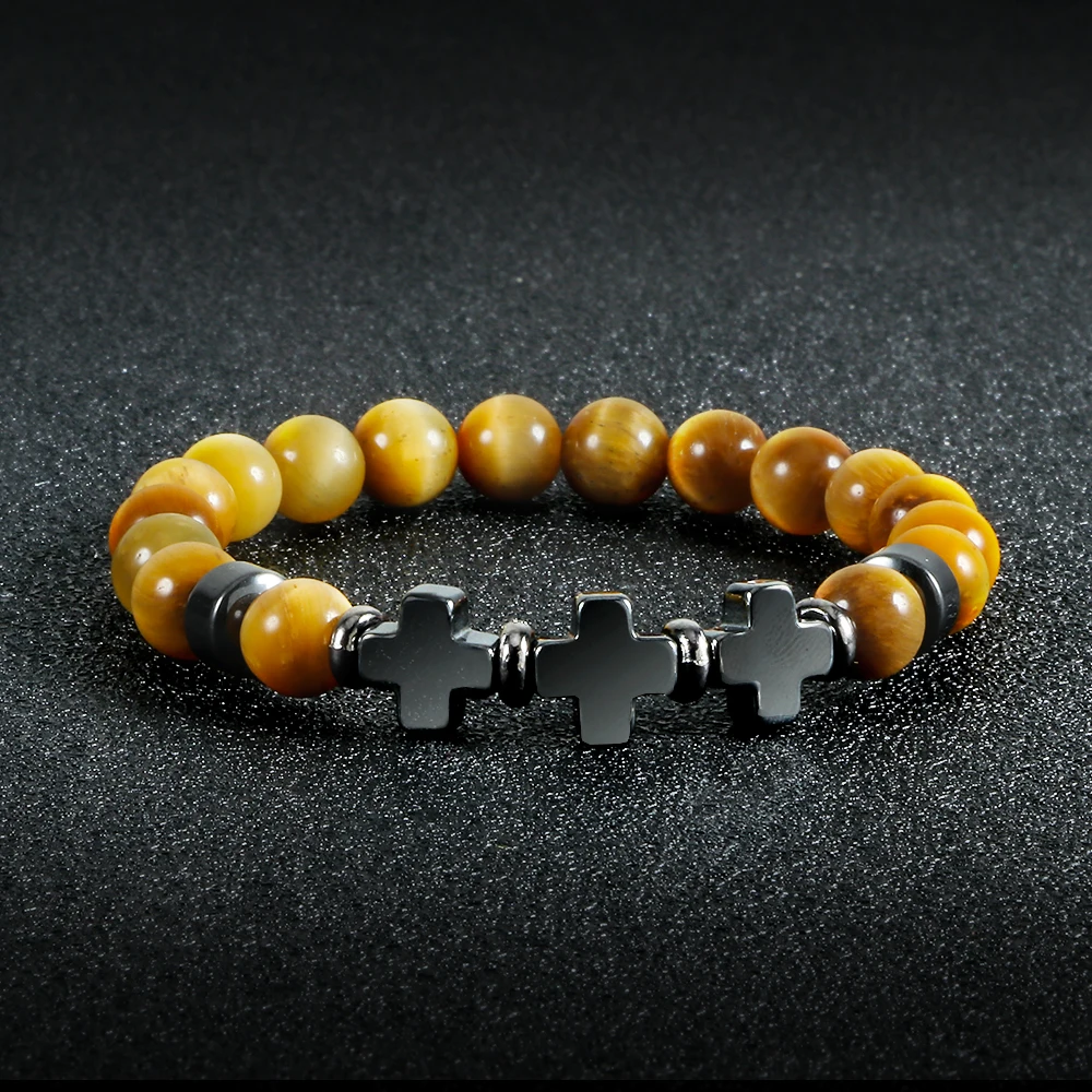 

8mm Hot Hematite Cross Natural Wood Lava Stone Onyx Meditation Beads Bracelet For Women Men Prayer Bracelets Yoga Jewelry Gifts