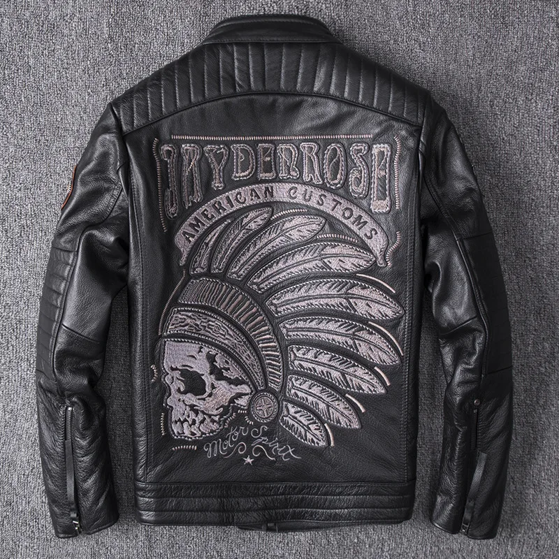 

Men's Real Cow Leather Jackets Indiana Embroidery Genuine Leather Jackets Black Motorycycle Leather Coat for Male