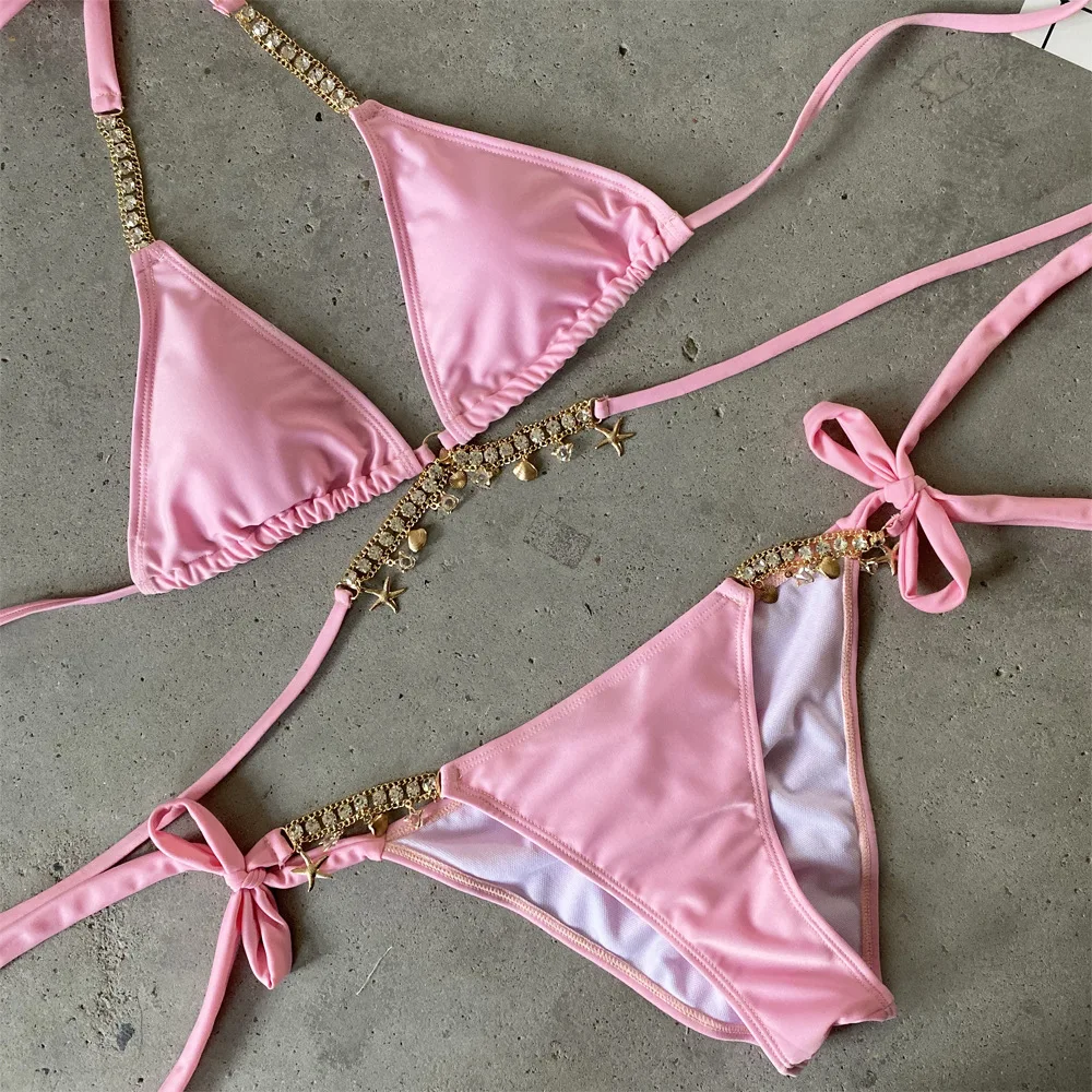 

Strappy Brazilian Bikini 2021 Two Pieces Swimsuit Women Diamond Biquinis High Cut Bathing Suit Halter String Beachwear Female