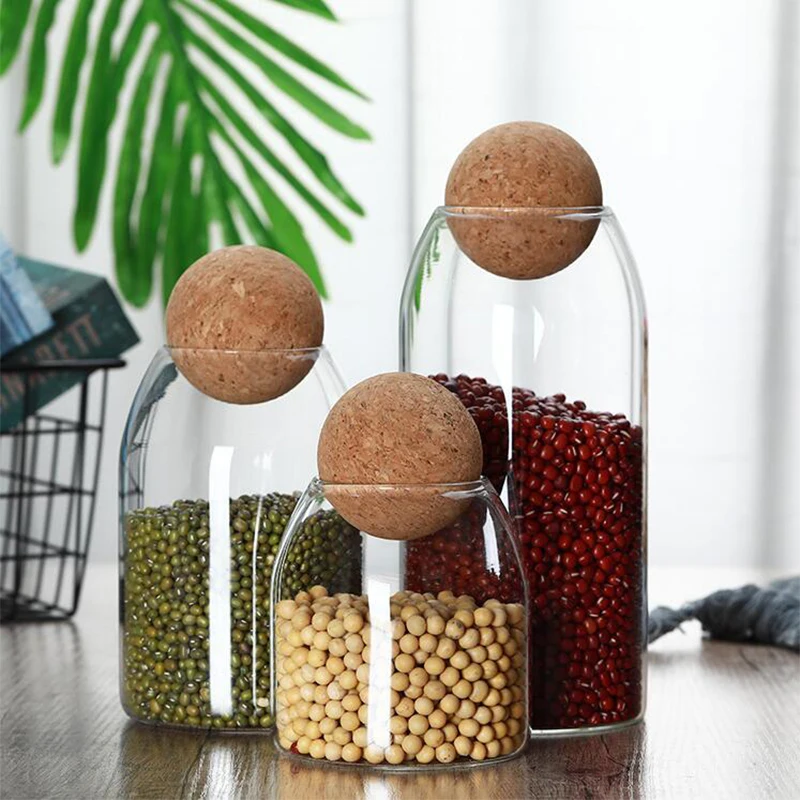 

Kitchen Glass Bottles Sealed Jars with Lid Round Ball Cork Coffee Beans Storage Box Transparent Grain Dried Fruit Storage Jars