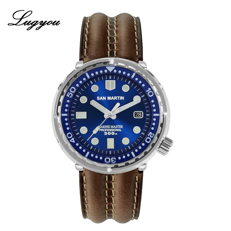 Leather Blue Lugyou Сан Мартин тунец SBBN015 автоматические мужские часы для дайвинга из нержавеющей стали 300 м водостойкие солнечные лучи циферблат металлический браслет - Цвет: Leather Blue