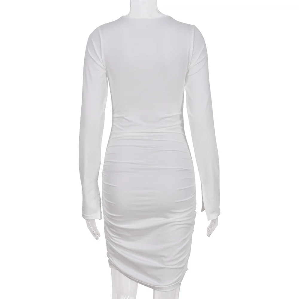 

2021 Long Sleeve Dress Summer New Beach Hollow Out Shirring White Solid Women O-neck Sexy Slim Casual Party Ladies Mini Dresses