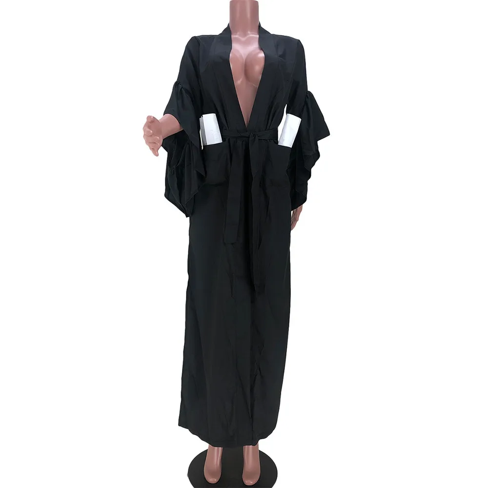 Женское платье-макси с каскадными оборками V-образным вырезом и карманами |