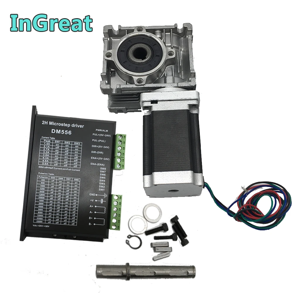 

Червячная коробка передач RV030 коэффициент скорости редуктор 7,5: 1 Nema23 шаговый двигатель 112 мм 3NM и 5.6A привод DM556 комплект преобразования 90 град...