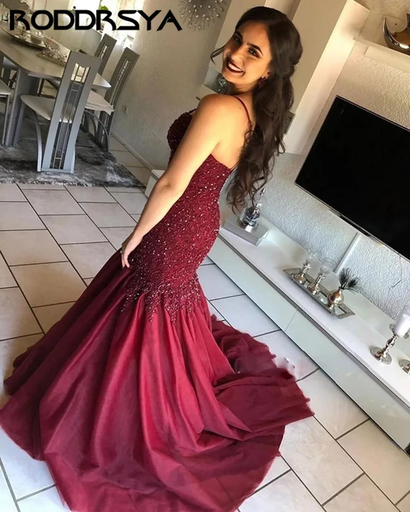

Burgundy Mermaid Evening Dresses Long 2020 Spaghetti Straps Appliques Beads Formal Party Prom Dresses Vestido De Fiesta Custom