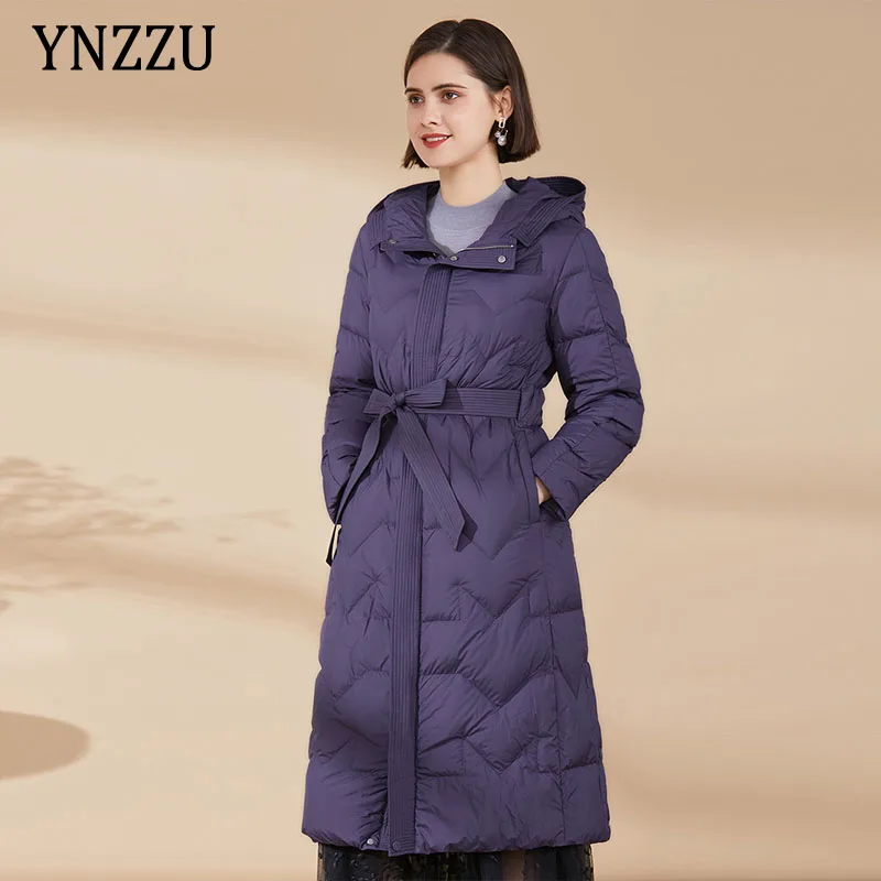 

Office lady Long Hooded Down jacket Winter Casual Solid Loose 90% White duck down coat With Belt Fashion Overcoat YNZZU 1O304