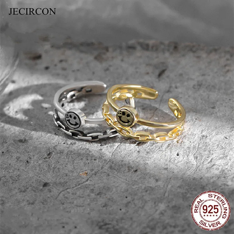 

JECIRCON 100% Real 925 Sterling Silver Smiley Open Rings Women Retro Personality Gold Silver color Smile Face Ring Jewelry