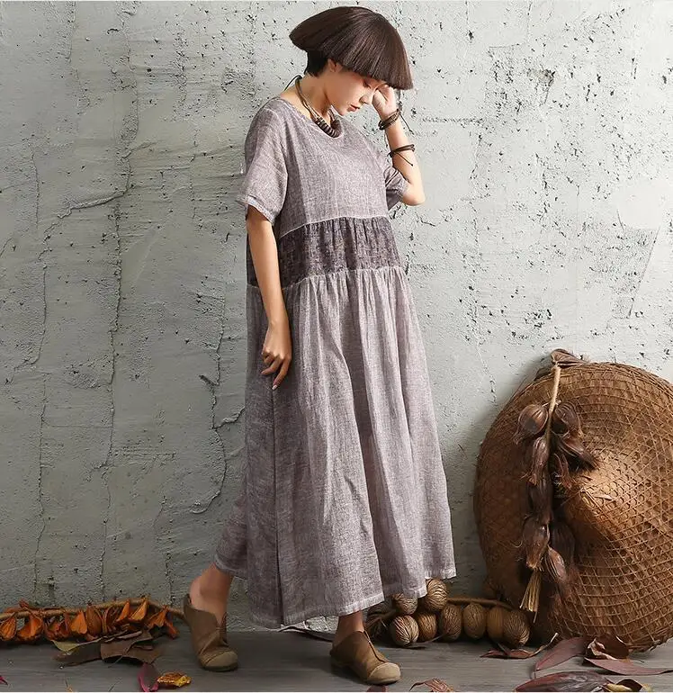NINI WONDERLAND летнее лоскутное хлопковое льняное платье с коротким рукавом, женское свободное повседневное длинное платье с принтом, винтажная одежда большого размера