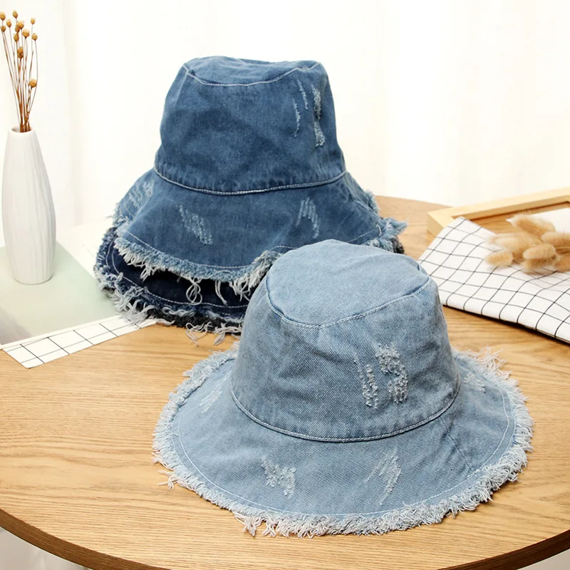 

New Denim Raw Edge Women Man Bucket Hat with Holes Cowboy Unisex Autumn Winter Hat Women Sun Cap Fashion Sun Prevent Lady Hats
