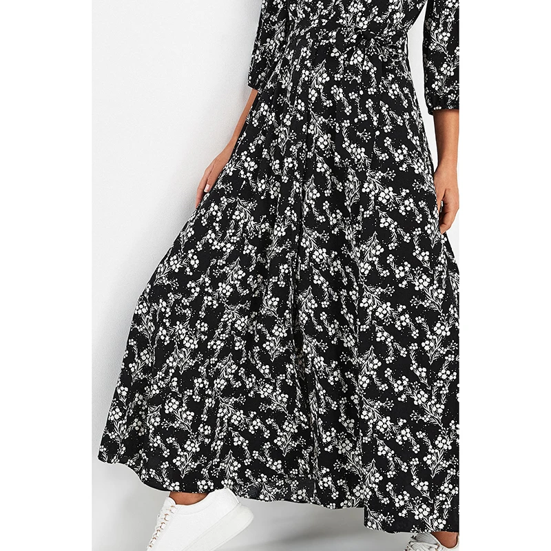 Женское винтажное платье макси с цветочным принтом длинным рукавом 3/4 и отложным
