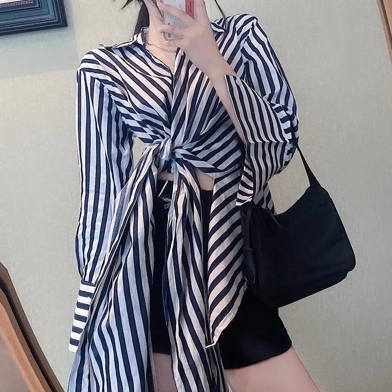 Asymmetrical Bandage Striped Women Shirts Summer New Design 2021 Long Slim Elegant Office Lady Outwear Shirts Top Quality