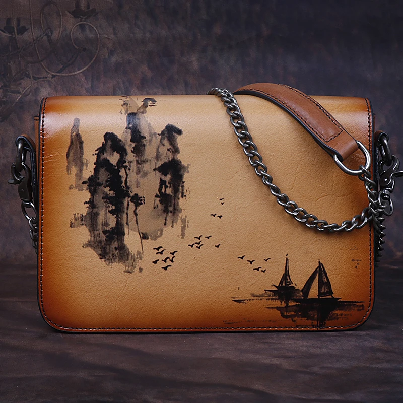 Женская сумка из натуральной кожи откидная в китайском стиле с чернильным