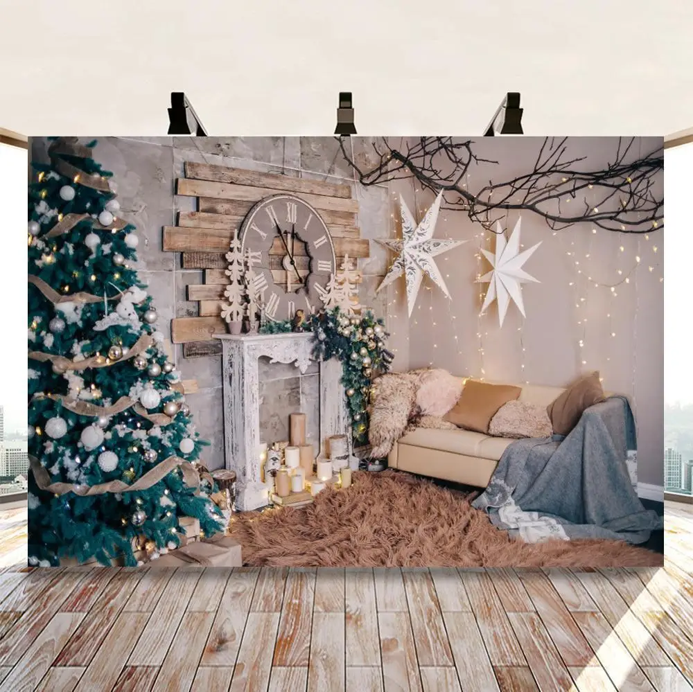 

Christmas Photography Backdrop Christmas Tree Gifts White Fireplace Background Winter Living Room Light Bells Star Photo Shoot