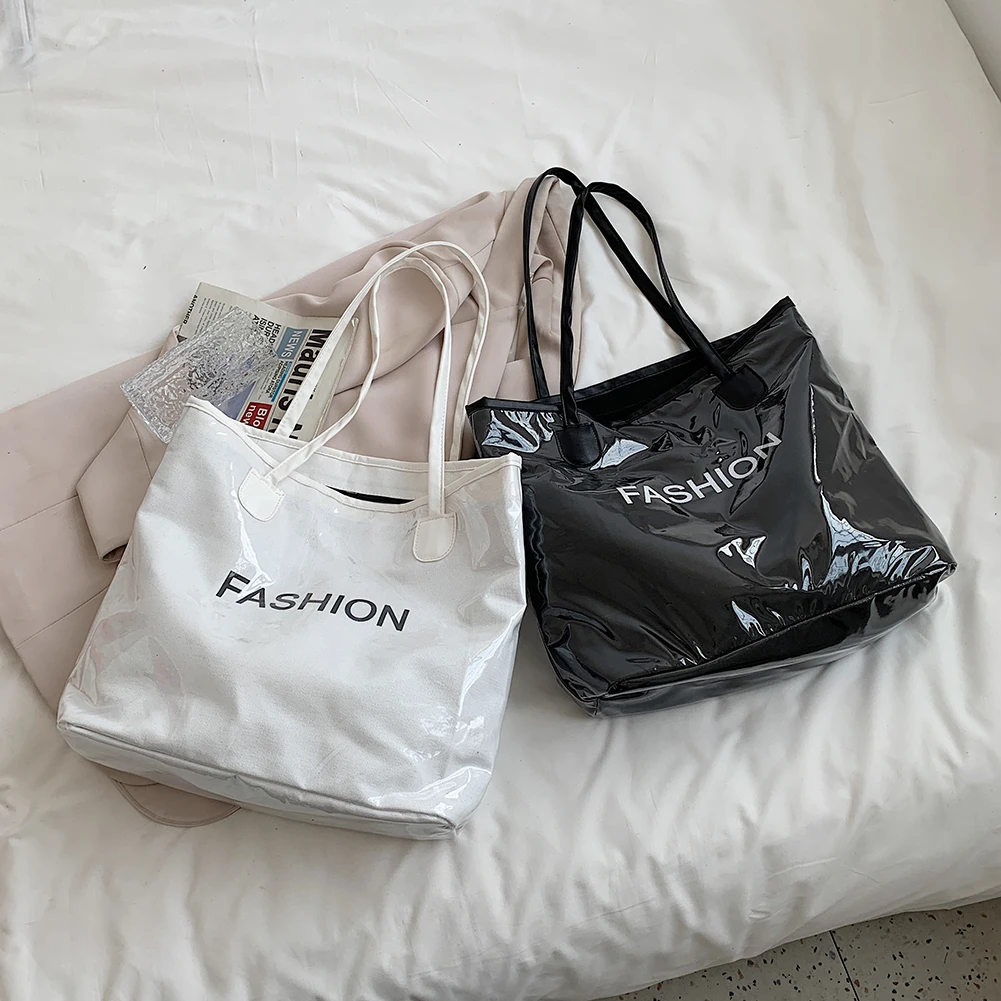 

Summer PVC Shoulder Bags Women Letter Print Fashion Large Capacity Bright Tote Lady Casual Shopping Travel Handbags