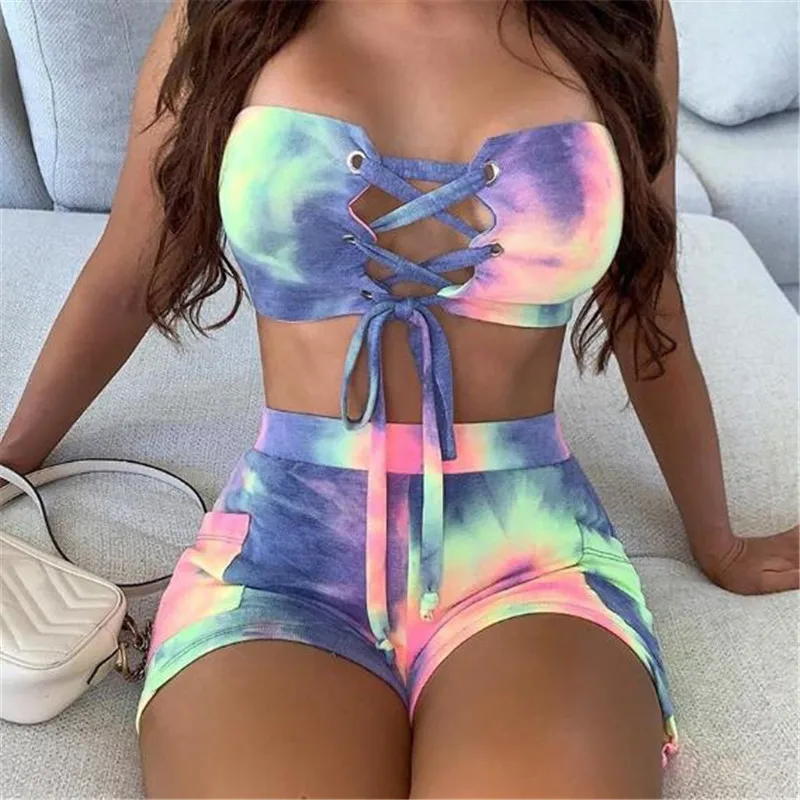 

YICIYA 2021 summer Women's shorts suit Sexy tube top Bandage Navel coat Tie-dyed high-waisted hot girl in shorts suit