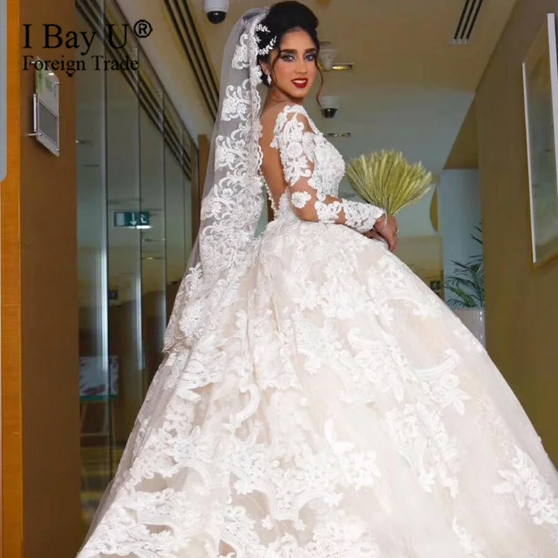 Белое кружевное свадебное платье ручной работы с длинным рукавом 2020 Дубайский