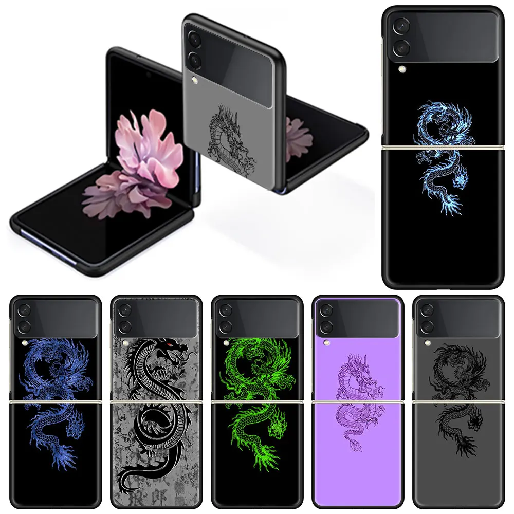 

Case For Samsung Galaxy Z Flip 3 Black Hard Phone Cover ZFlip 3 5G Luxury Shockproof Bumper Cases Fundas Dragon God Pattern Capa