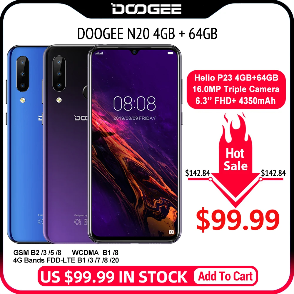 DOOGEE N20 мобильный телефон, отпечаток пальца, 6,3 дюймов, FHD+ дисплей, 16 МП, тройная задняя камера, 64 ГБ, 4 Гб, MT6763, четыре ядра, 4350 мАч, мобильный телефон LTE