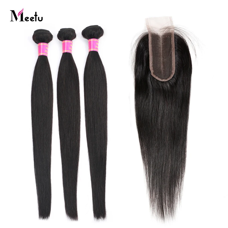 Малазийские прямые волосы с закрытием Meetu для наращивания пучки не Реми 3 пучка