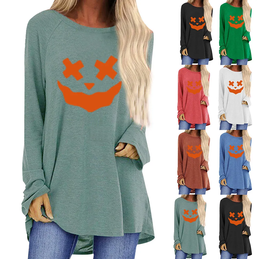 

Womens Long Sleeve Halloween Printed Round-Neck Pullover Loose Blouse Shirts Top Halloween Pullover Blouse Oversized Crewneck