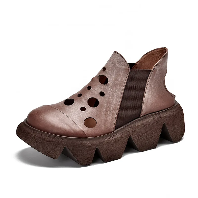 

Girls Retro Shoes Women Sandals Genuine Leather Wedge Sneakers 2021 New Summer Handmade Hollow Concise Platform Ladies Sandals