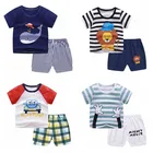 Летняя одежда для маленьких мальчиков, комплект одежды из 2 предметов для маленьких девочек, детская хлопковая одежда, костюмы, детская мультяшная футболка для младенцев, футболки для мальчиков