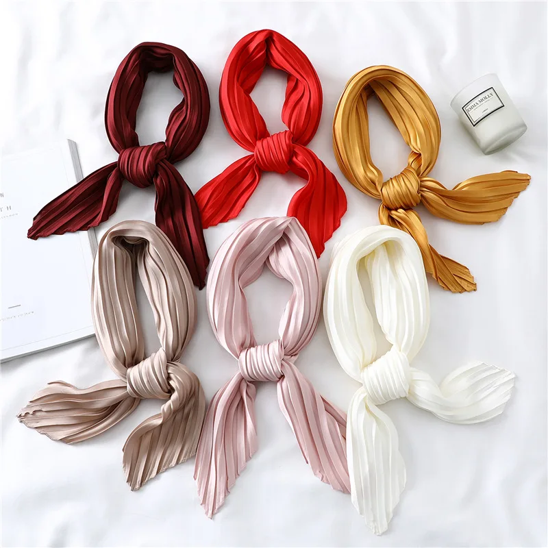 

70*70cm Women Small Silk Square Scarf 2020 Skinny Ribbon Head Neck Small Pleated Hair Tie Band Kerchief Satin Foulard Scarves