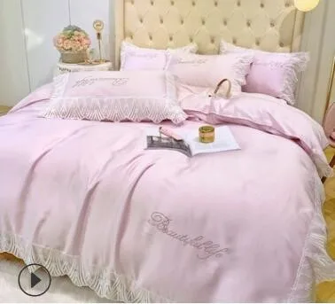 Pink 03 ANNAs хороший набор свадебного постельного белья качество Девушки Красивая наволочка лаконичное кружево розовый тенсель пододеяльник лед шелк простыня - Цвет: Pink 03