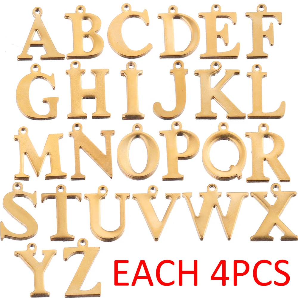 104 unids/lote de A-Z de acero inoxidable dorado, 26 letras del alfabeto, colgante, pulseras, pendientes para la fabricación de joyas al por mayor