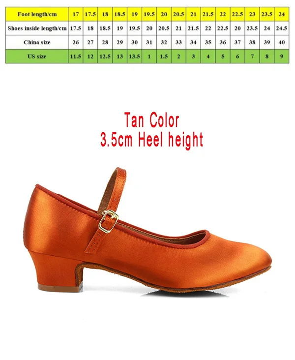 Dark Tan 3.5cm Heel Детская атласная профессиональная танцевальная обувь для латинских танцев; Современная обувь для девочек; Танцевальная обувь на низком каблуке с закрытым носком; обувь для вальса, танго, сальсы - Цвет: Dark Tan 3.5cm Heel