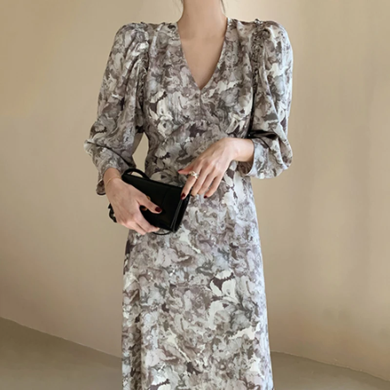 

V-neck Chic Irregular Rendering Dresses Autumn Elegant High Waist Puff Sleeve Dress 2020 A-line Femme Vestidos