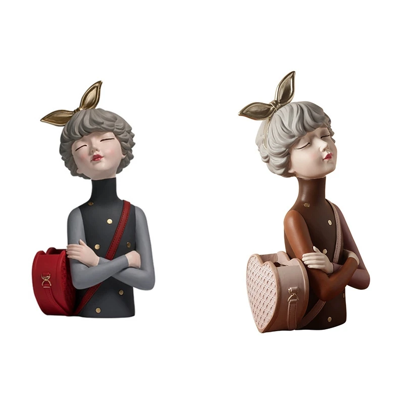 

SHGO HOT-Nordic Resin Girl Storage Figurines Flower Vase Pot Bowknot Girl Sculpture Desktop Sundries Organizer Home Decor