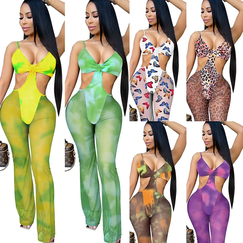 

ZKYZWX Sexy Mesh Sheer Tie Dye Bodycon Jumpsuit Cut Out Off Shoulder Fitness Pants for Women Summer Clubwear One Piece Outfits