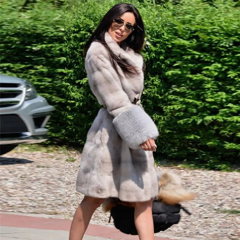 Women Fashion Long Real Mink Fur Coat Lapel Collar Luxury Genuine Whole skin Mink Fur Jacket With Fox Fur Cuff Winter Overcoat