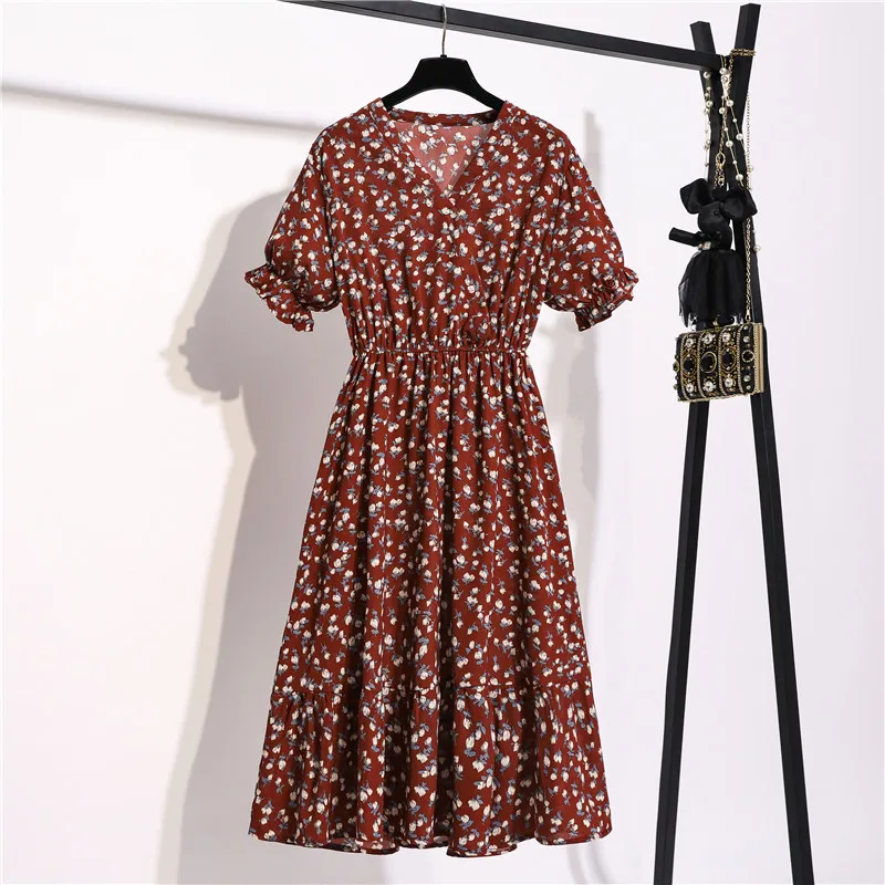

15 Color Summer New Office Lady Chiffon Dress V-neck Midi Floral Dress Women Elegant Retro Elastic Waist Slim Fairy Dresses 2021
