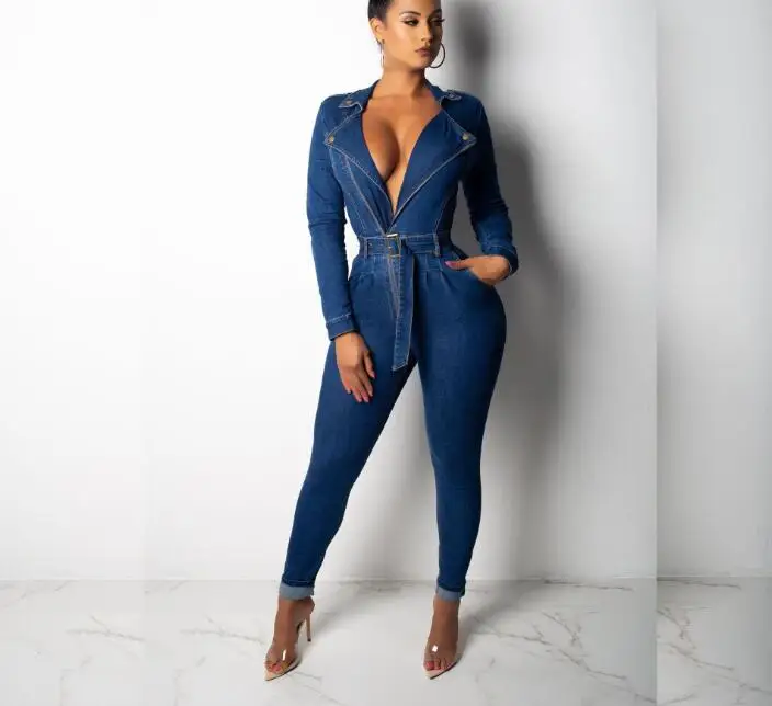 

S-XXL 2021 New Autumn Winter Cowboy Slim Turn Down Collar Bodysuit Women Waist Belt Skinny Long Jumpsuits Jeans Bodysuit Woman