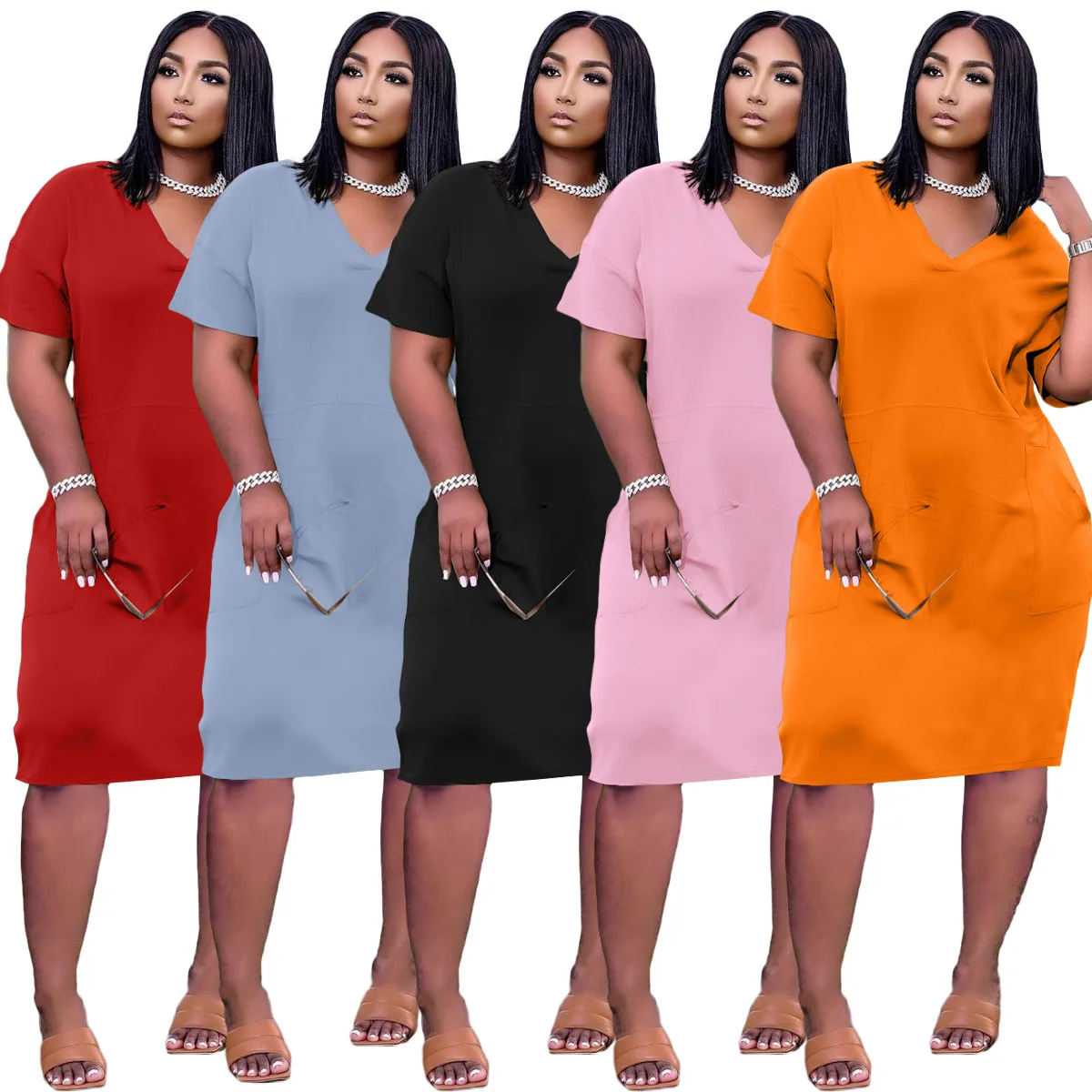 

Платье женское, с коротким рукавом и V-образным вырезом, с низкой талией