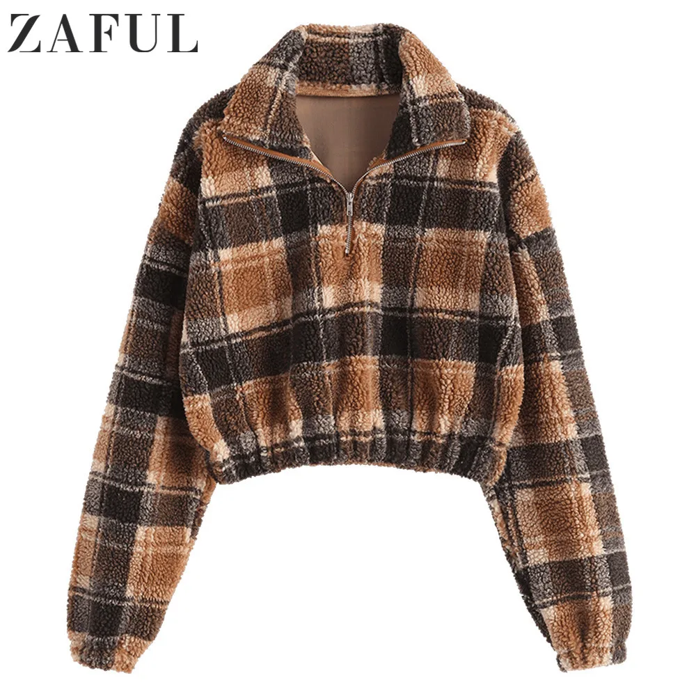 Женский Повседневный свитер ZAFUL клетчатый с мехом и полумолнией в стиле ретро 2019 |