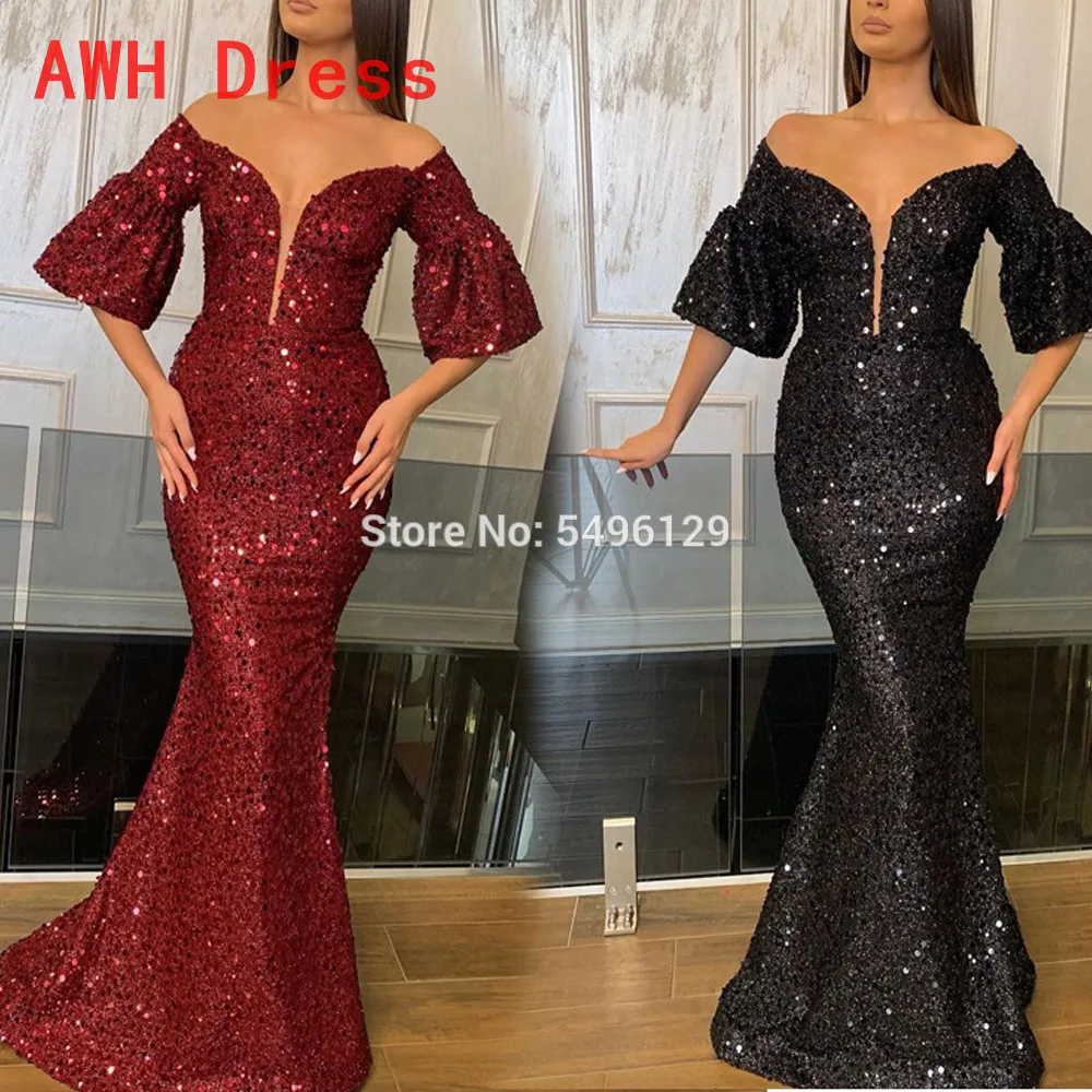 

Sexy Deep V Neck Half Sleeves Evening Dresses Off Shoulder Mermaid Sparkly Sequin Evening Prom Gowns Long Party Dress for Women