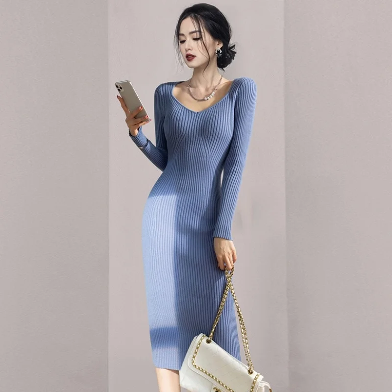 

Трикотажное платье с длинным рукавом, Осень-зима 2021, новинка, элегантная облегающая юбка средней длины ниже колена