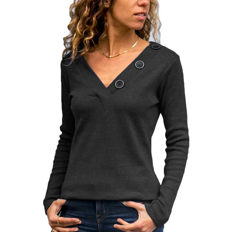 

Autumn V-neck button decoration solid color leisure long sleeve lady