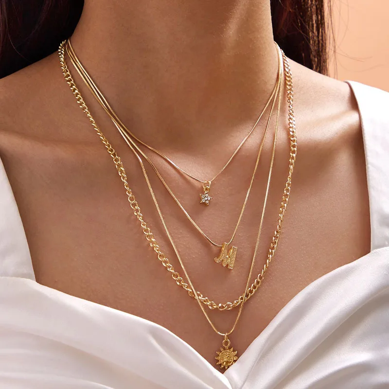 

Hot selling Delicated modern 4 layers gold plating alloy long chains M letters sun stars pendant necklace.