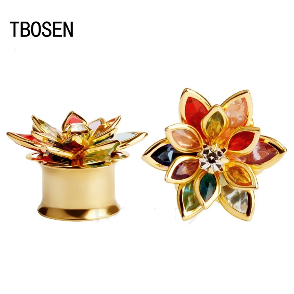 TBOSEN new arrival fashion flower ear plugs stainless steel gold tunnels piercing gauges metal body jewelry pair selling | Украшения и