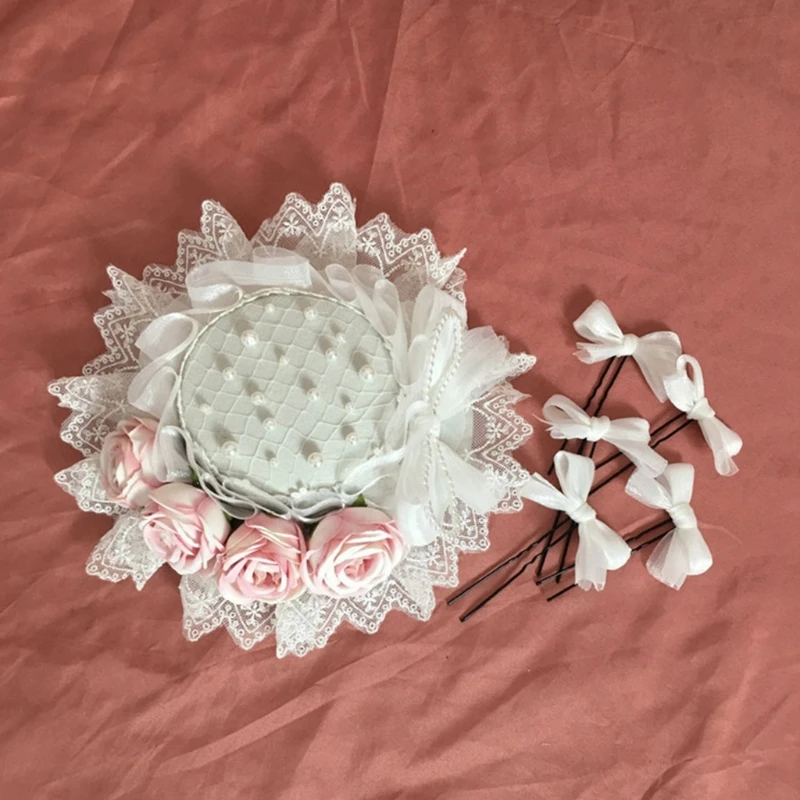 

Princess Sweet Lolita Hat Handmade Pearl Inlay Top Sweet Japanese Sister Bowknot Straw Cap Head Accessory