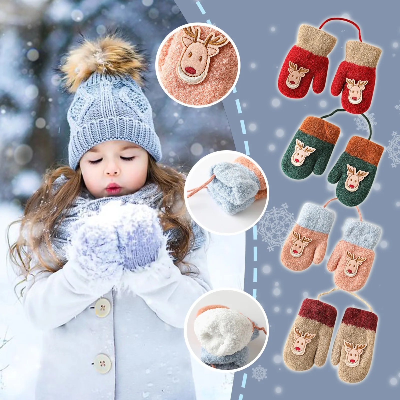 

Baby Hanging Neck Gloves Plus Velvet Thickening Cute Cartoon Christmas Deer Bag Boy Male And Female Infants And Children варежки