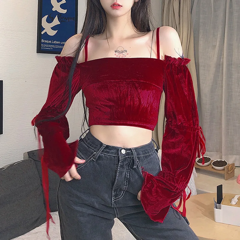 

Women French Bow Puff Long-sleeved Red T-shirt Woman's Fall New Korean Style Spaghetti Strap Slim Body Tops Female Solid Tshirt