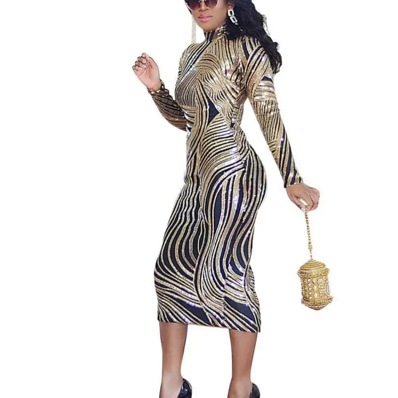 

Summer Dresses Women's Dress 2020 Sequin Glitter For Prom Women Shiny New Neck Long Sleeve Sexy Solid Polyester