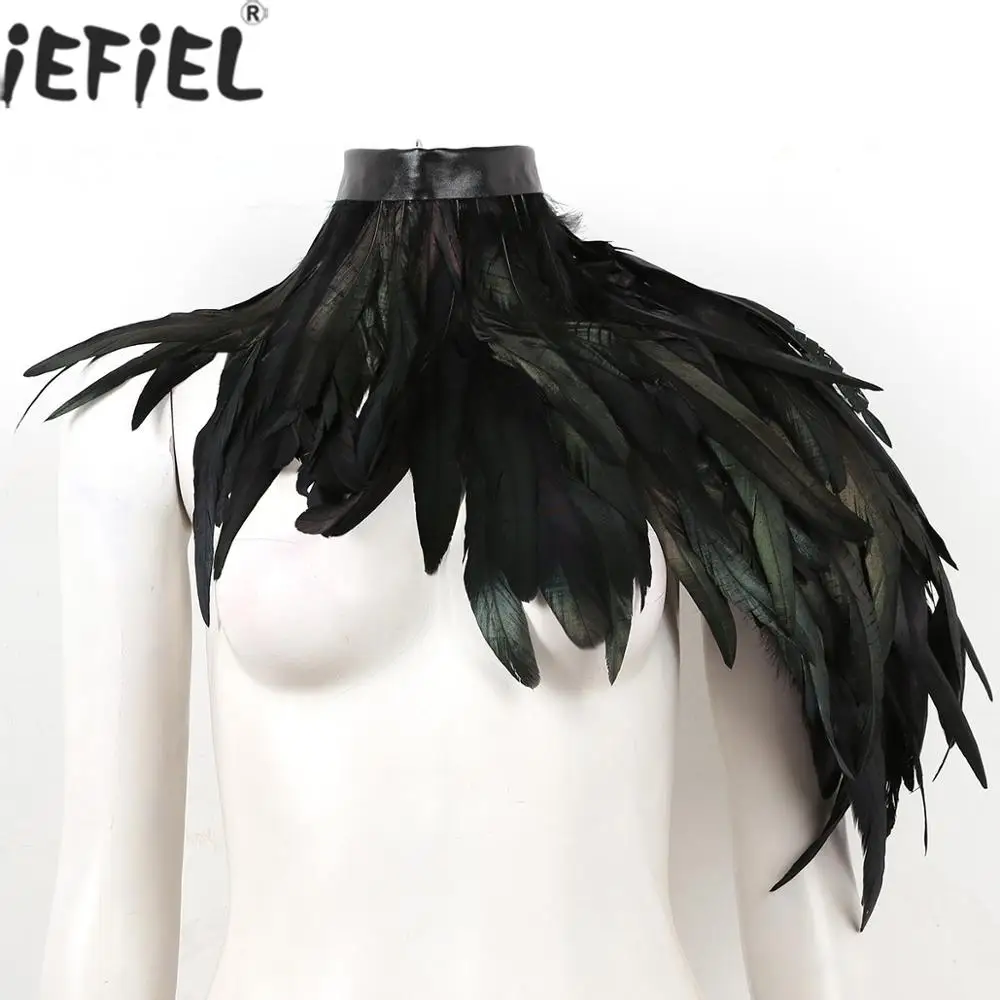 Adult Punk Gothic Cape Real Black Feather Shrug Top Shawl One Shoulder Cape Wings Choker Collar for Party Halloween Rave Costume
